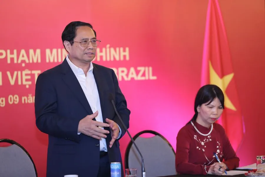 Thủ tướng Phạm Minh Chính phát biểu tại buổi gặp gỡ đại diện cộng đồng người Việt Nam tại Brazil và một số nước Nam Mỹ. Ảnh: VGP thu-tuong-tham-brazil-1.jpeg