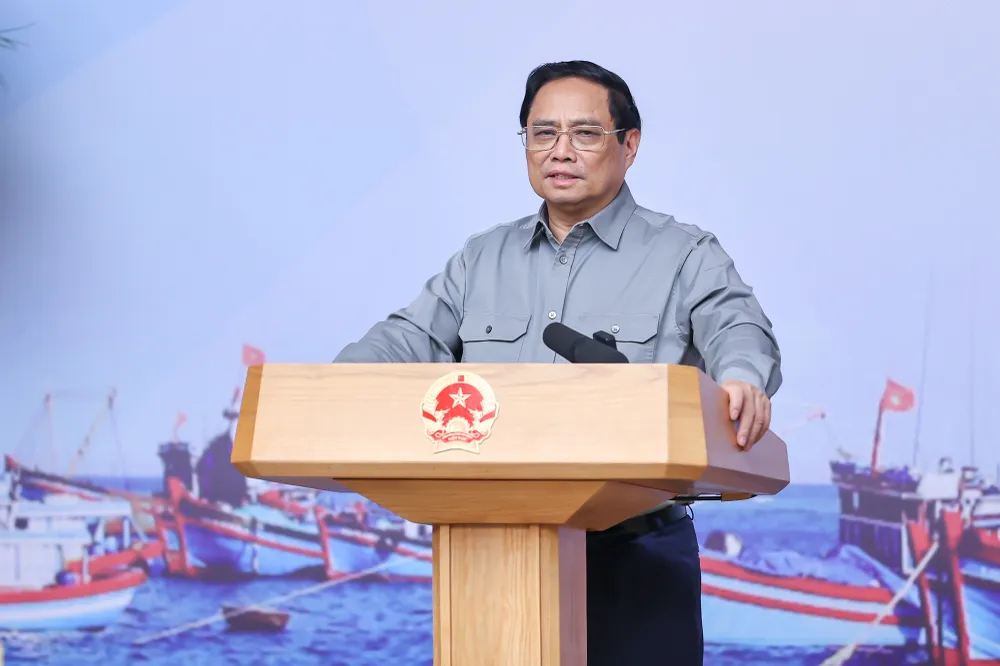 Thủ tướng Phạm Minh Chính phát biểu kết luận tại hội nghị. Ảnh: VGP thu-tuong-pham-minh-chinh-chong-khai-thac-IUU.jpeg