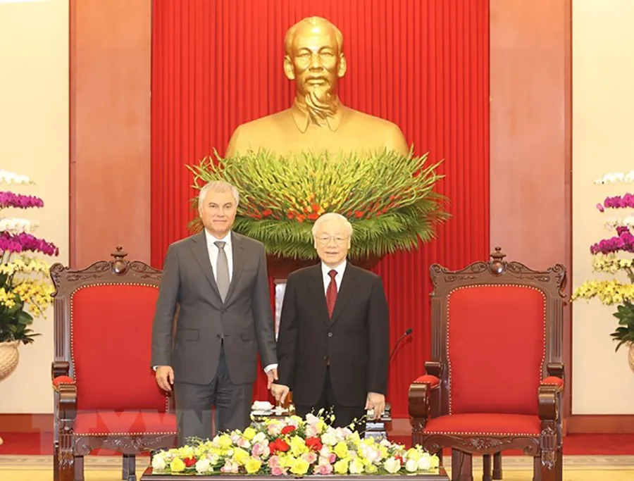 Tổng Bí thư Nguyễn Phú Trọng và Chủ tịch Duma Quốc gia Quốc hội Liên bang Nga Vyacheslav Viktorovich Volodin, tại buổi tiếp. Ảnh: TTXVN tong-bi-thu-tiep-chu-tich-nga-2.jpg