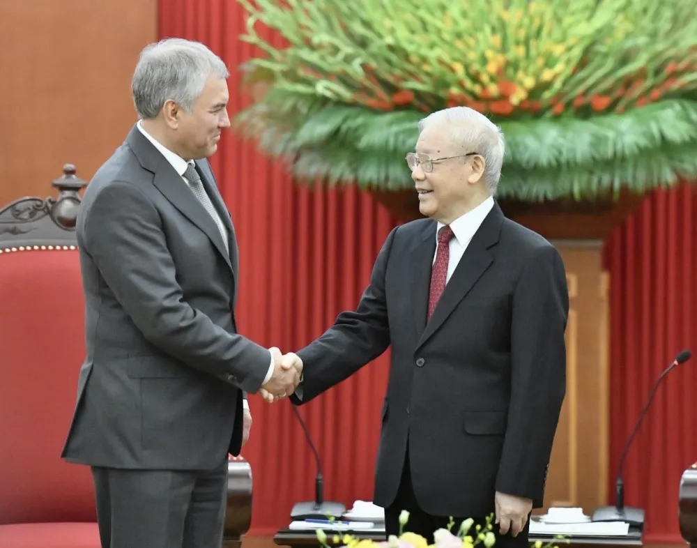 Tổng Bí thư Nguyễn Phú Trọng tiếp Chủ tịch Duma Quốc gia Quốc hội Liên bang Nga Vyacheslav Viktorovich Volodin. Ảnh: VOV tong-bi-thu-tiep-chu-tich-nga.jpg
