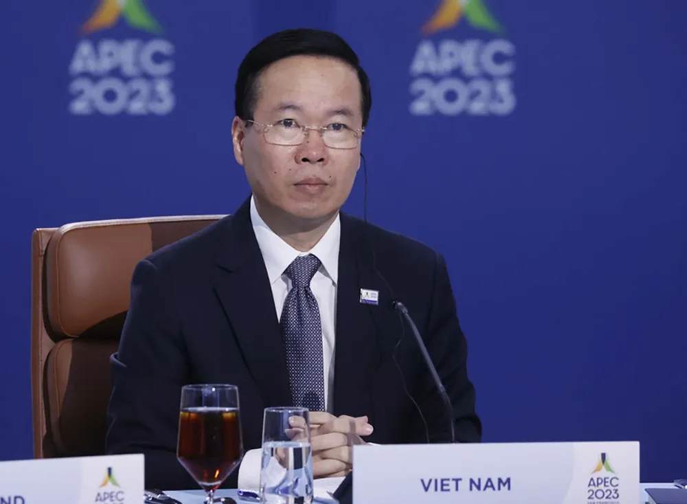 Chủ tịch nước Võ Văn Thưởng phát biểu tại buổi làm việc. Ảnh: TTXVN Chủ tịch nước dự Đối thoại giữa nhà lãnh đạo các nền kinh tế APEC và khách mời