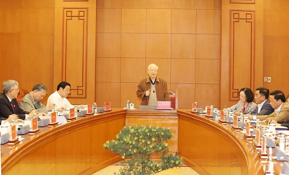 Tổng Bí thư Nguyễn Phú Trọng phát biểu kết luận cuộc họp. Ảnh: TTXVN tong-bi-thu-nguyen-phu-trong-van-thinh-phat.jpg