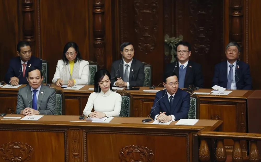 Chủ tịch nước Võ Văn Thưởng và Phu nhân cùng Đoàn Đại biểu cấp cao Việt Nam dự phiên họp của Quốc hội Nhật Bản. Ảnh: TTXVN Việt Nam - Nhật Bản: Mối lương duyên trời định
