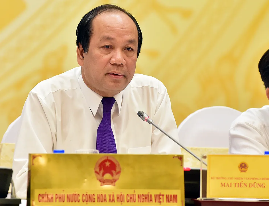 Ông Mai Tiến Dũng chủ trì một phiên họp báo của Chính phủ khi đương nhiệm. Ảnh: NHẬT BẮC Bộ Chính trị đề nghị Trung ương khai trừ ra khỏi Đảng ông Mai Tiến Dũng
