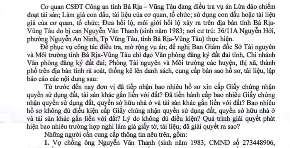 Công an đề nghị Sở TN&MT chỉ đạo các đơn vị nghiệp vụ cung cấp thông tin về đất đai của một số cá nhân. Công an yêu cầu cung cấp thông tin về đất đai tại Bà Rịa- Vũng Tàu liên quan đến 8 người