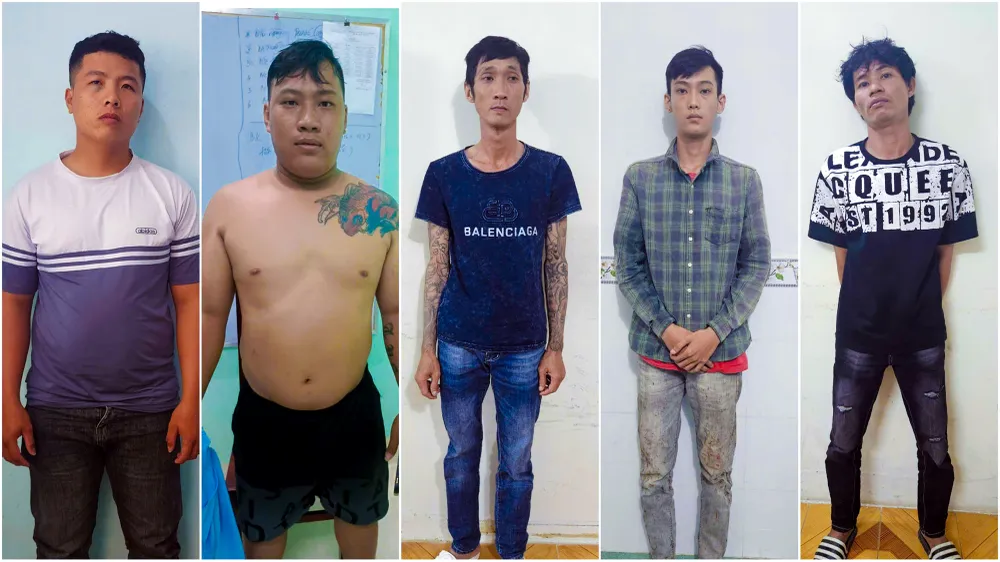 Từ trái qua: Huỳnh Hữu Kha, Trần Văn Sum, Trần Thanh Lâm, Trần Thanh Vinh và Huỳnh Hữu Cần tại cơ quan công an. Ảnh: VĂN VŨ Kiên Giang: Mâu thuẫn trong mua bán cá nên thuê người dằn mặt bạn hàng