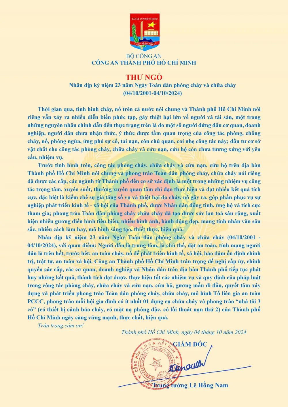 Giám đốc Công an TP.HCM gửi thư ngỏ đến người dân về công tác phòng cháy chữa cháy