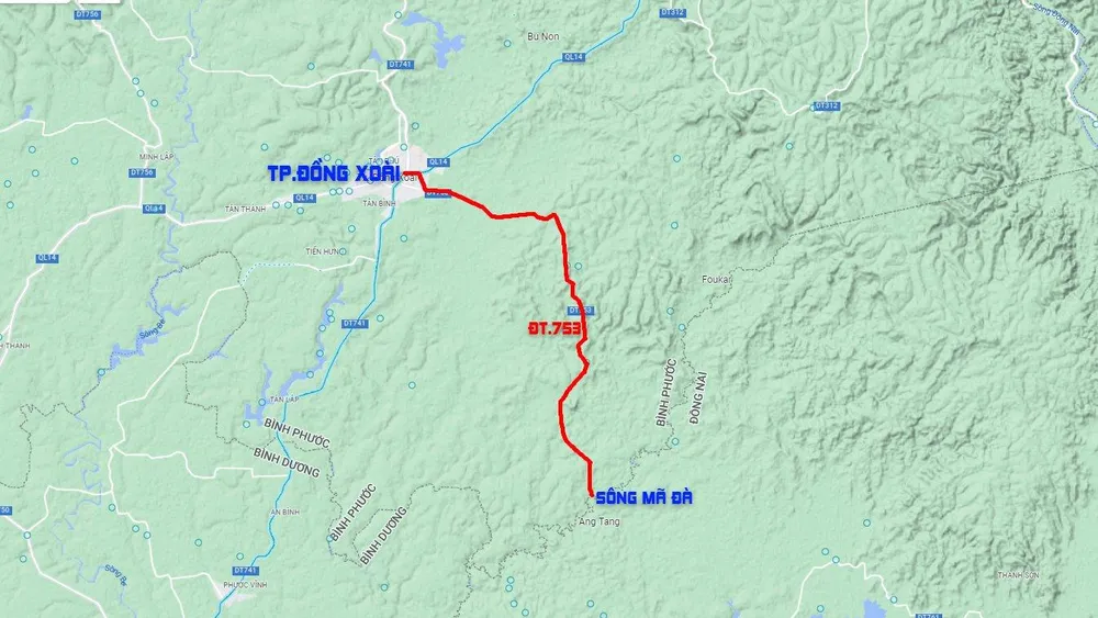 Sơ đồ đường ĐT.753 từ TP Đồng Xoài tới sông Mã Đà dài khoảng 30 km. Đồ họa VÕ NGUYÊN