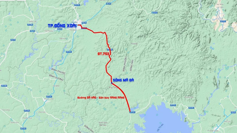Sơ đồ toàn tuyến quốc lộ 13C từ TP Đồng Xoài tới Quốc Lộ 1A (xuyên lõi Khu bảo tồn Thiên nhiên - Văn hoá Đồng Nai). Đồ hoạ: VÕ NGUYÊN