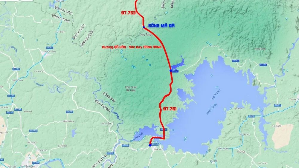 Sơ đồ tuyến đường ĐT.753 kết nối với đường Bà Hào - sân bay Rang Rang và ĐT.761. Đồ hoạ: VÕ NGUYÊN