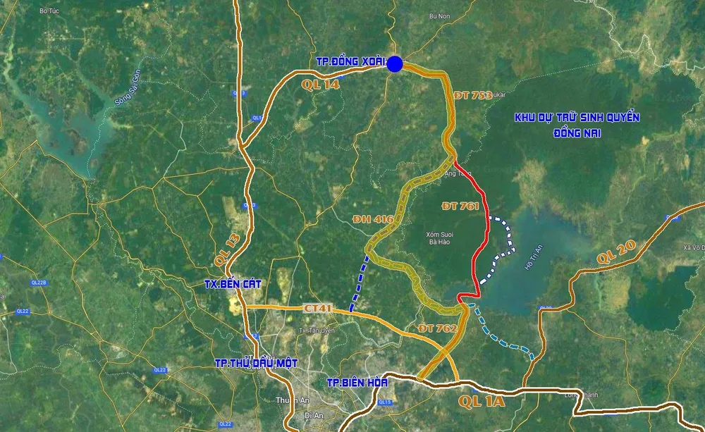 Sơ đồ phương án 3.1, tuyến đi theo ĐT.762 và kết nối vào QL1 (đường màu xanh lá). Đồ hoạ VÕ NGUYÊN