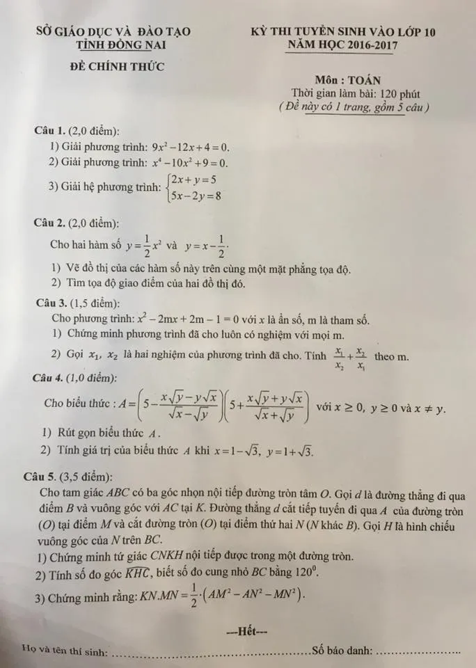Đề thi vào lớp 10 môn toán của tỉnh Đồng Nai có dấu hiệu sai sót? ảnh 1
