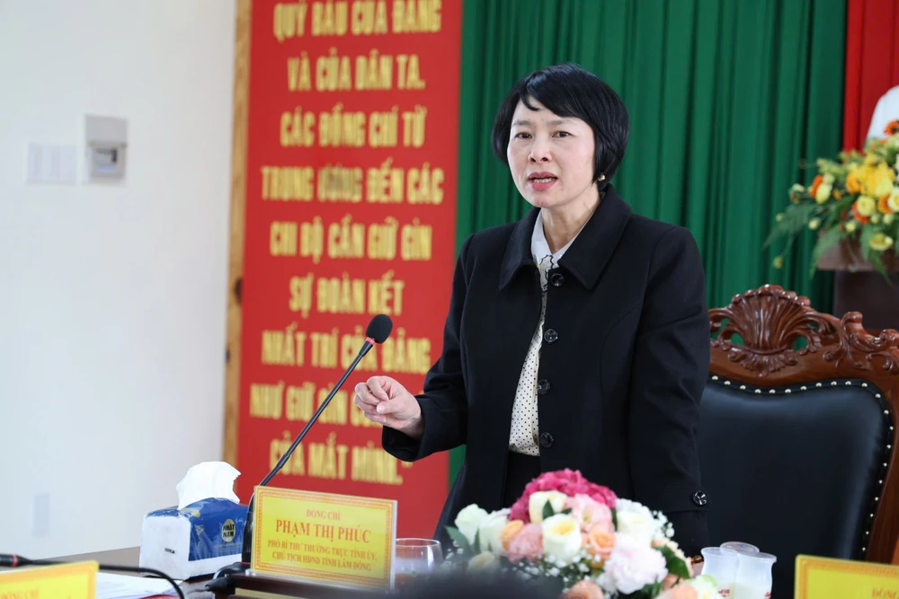 Bà Phạm Thị Phúc, Phó Bí thư Thường trực Tỉnh ủy, Chủ tịch HĐND tỉnh Lâm Đồng, phát biểu tại buổi làm việc. ẢNH VÕ TÙNG Tỉnh ủy Lâm Đồng-3.jpg
