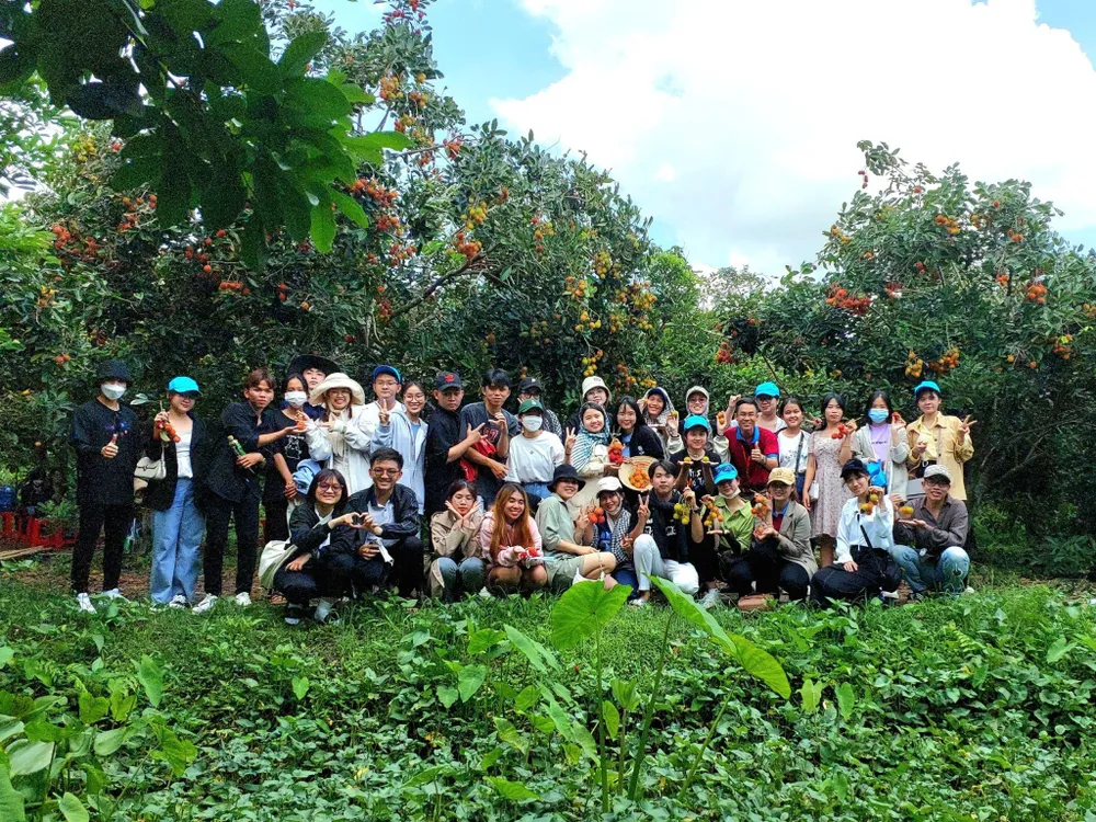 Du khách tham quan vườn trái cây ở Cồn Sơn.