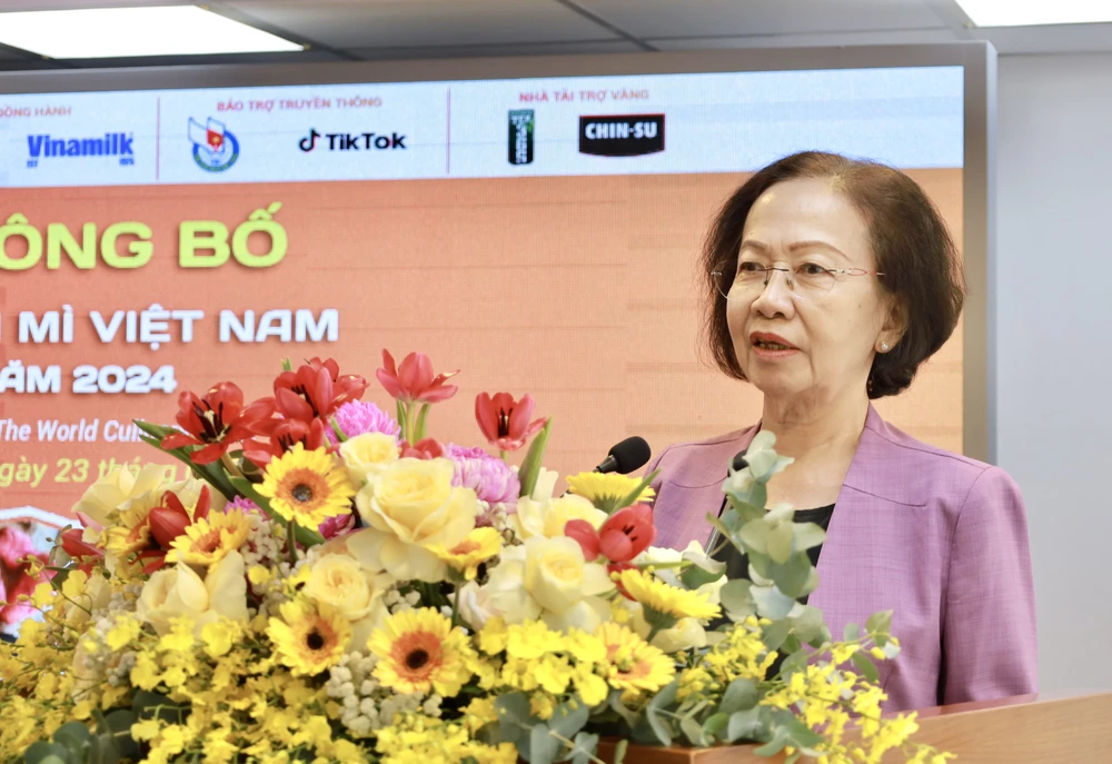 Bà Nguyễn Thị Khánh, Chủ tịch Hiệp hội Du lịch TP.HCM phát biểu tại buổi công bố. Ảnh: DI LINH tp-hcm-sap-dien-ra-le-hoi-banh-mi-lan-ii-2024-post0.html-9.jpg