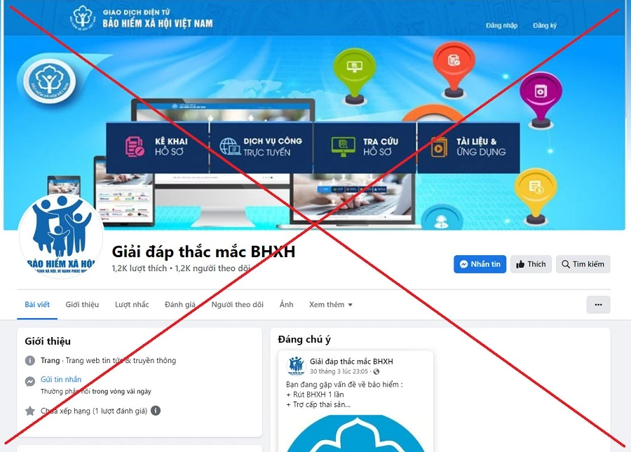 Trang web giả mạo Fanpage của BHXH Việt Nam (chúng tôi đã gạch chéo ảnh). Ảnh: NH