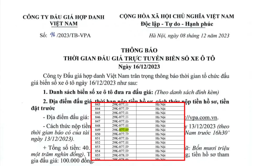 Biển số xe mà anh CXM bấm được nằm trong danh sách đấu giá hồi tháng 12-2023, được VPA thông báo công khai trên trang chủ. Ảnh XUÂN NGUYỄN biển số xe