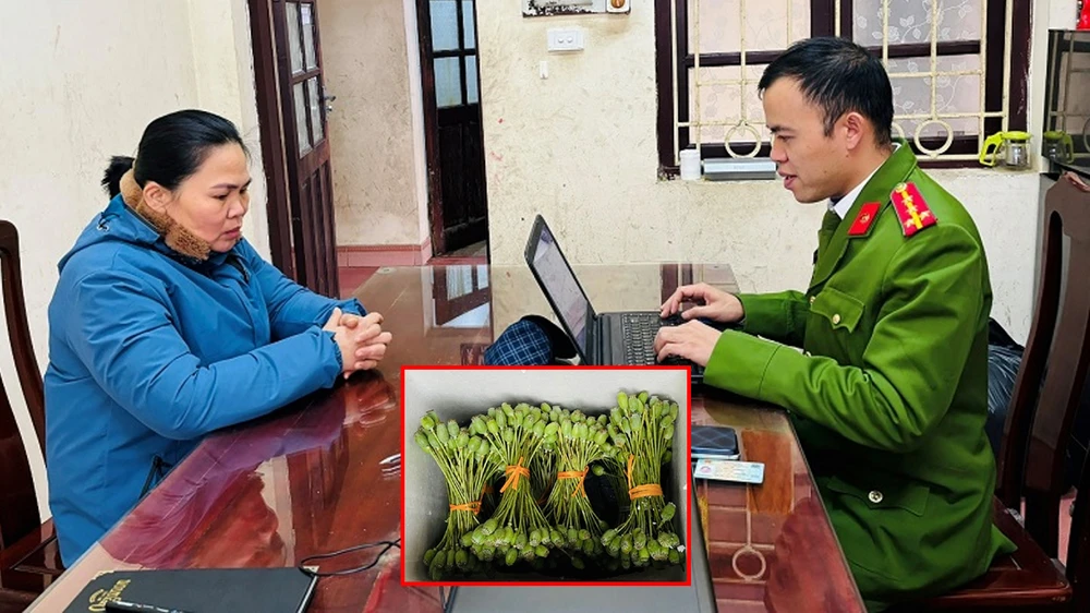 Nông Thị Hiền cùng tang vật trong vụ án. Ảnh CALS thuốc phiện tươi.jpg