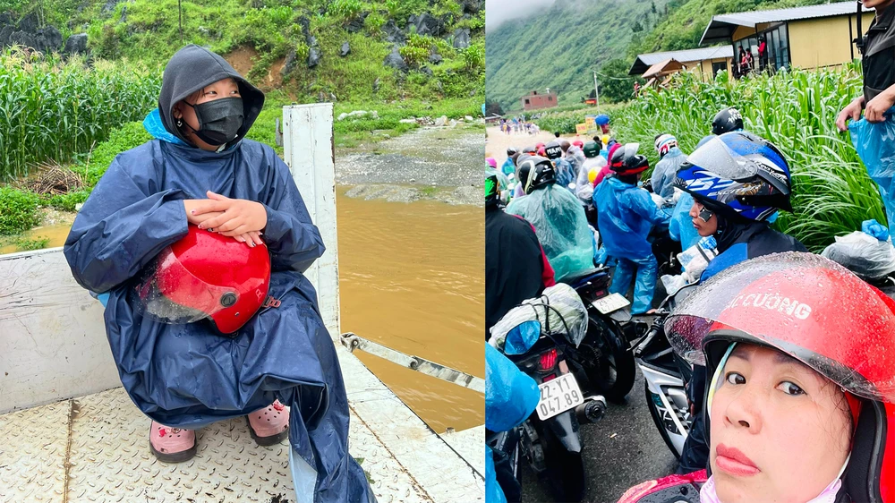 Chị Điệp cùng cô con gái ở thời điểm bị mắc kẹt trong cơn lũ ở Hà Giang và được lực lượng CSGT huyện Mèo Vạc đưa qua điểm sạt lở. Ảnh NVCC Tình người trong cơn lũ ở Hà Giang.jpg