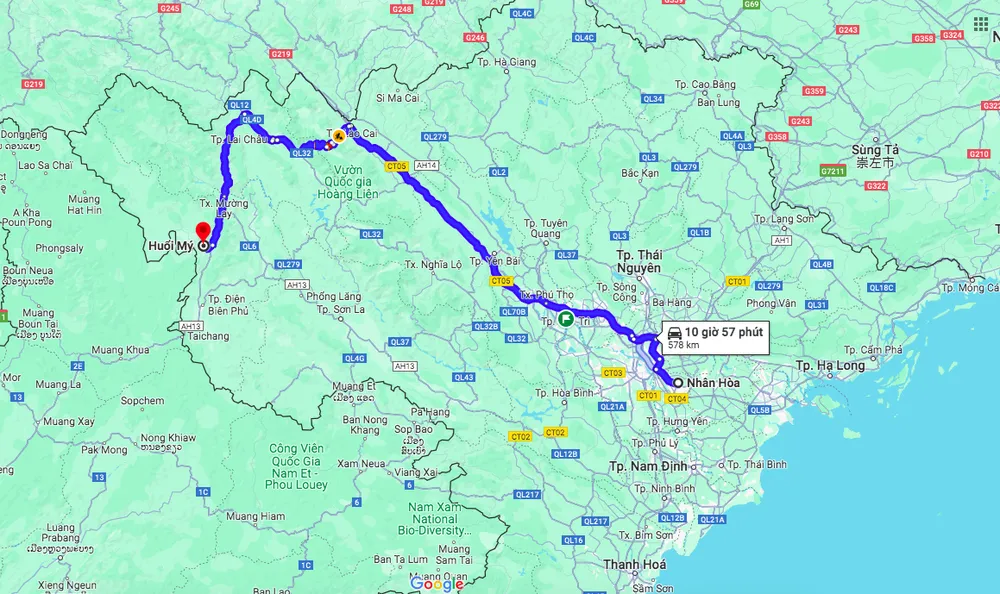 Quãng đường gần 600km từ nơi ở của các trẻ nhỏ đến tỉnh Hưng Yên. Ảnh chụp màn hình Bắt xe đi gần 600km tìm việc chăn trâu thuê, 4 trẻ nhỏ bị lạc.png
