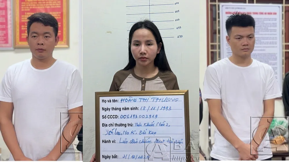 Ba người bị bắt trong vụ giả danh công an lừa đảo chiếm đoạt tài sản. Ảnh CA Bắt 3 người trong vụ giả danh Công an để lừa đảo ở Bắc Kạn.jpg