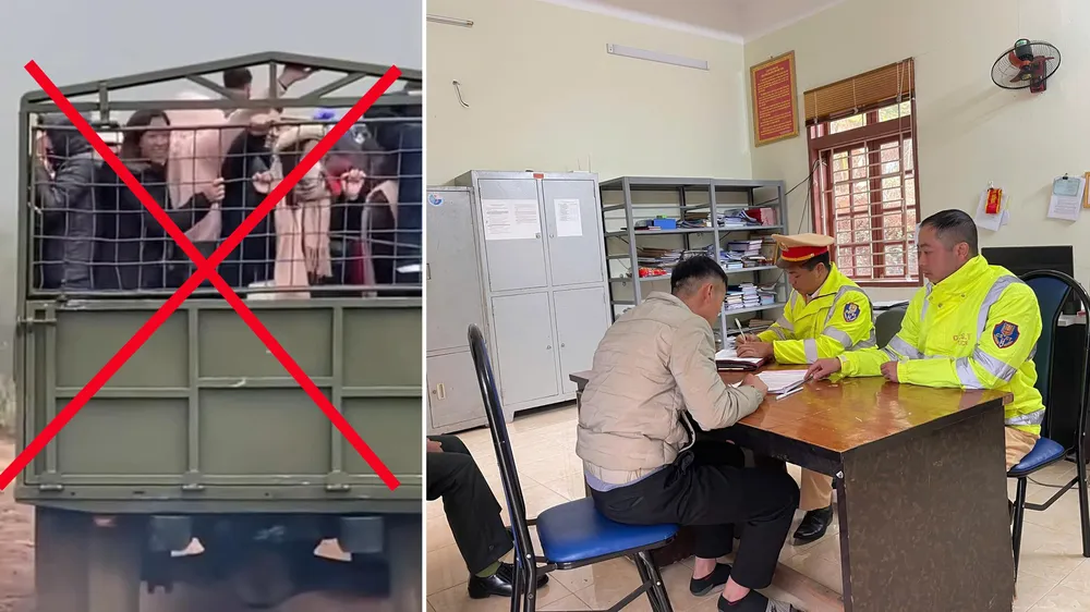 Công an làm việc với tài xế chở người ngắm hoa mận trên thùng xe.jpg