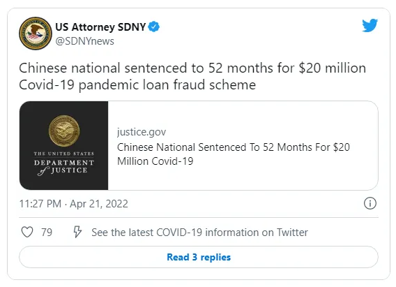 Muge Ma, một công dân Trung Quốc, bị phạt tù hơn 4 năm vì hành vi lừa đảo để lấy hơn 20 triệu USD tiền hỗ trợ COVID-19. Ảnh: TWITTER Muge Ma, một công dân Trung Quốc, bị phạt tù hơn 4 năm vì hành vi lừa đảo để lấy hơn 20 triệu USD tiền hỗ trợ COVID-19. Ảnh: TWITTER