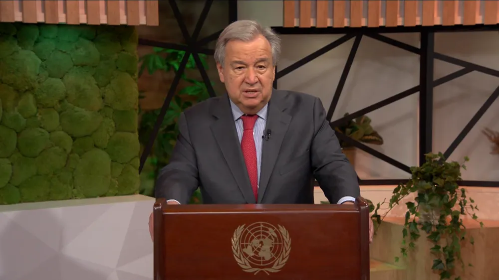 Tổng thư ký LHQ Antonio Guterres phát biểu tại buổi Đối thoại Khí hậu Petersberg năm 2022 ở Berlin (Đức) hôm 18-7. Ảnh: RT