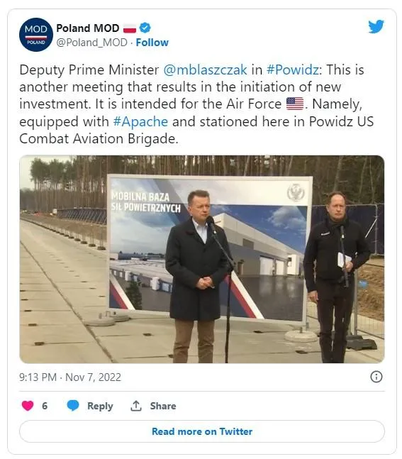 Tuyên bố được Bộ trưởng Quốc phòng Ba Lan đưa ra nhân chuyến thăm căn cứ Powidz cùng Đại sứ Mỹ tại Ba Lan - ông Mark Brzezinski. Ảnh: TWITTER