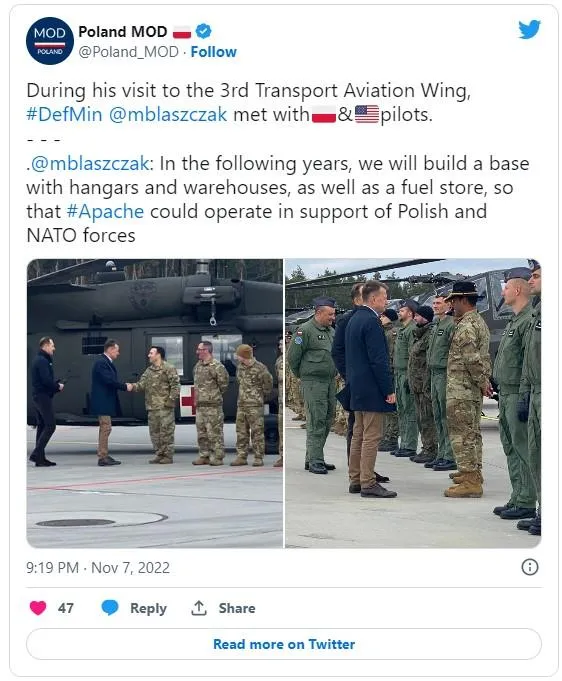 Bộ trưởng Quốc phòng Ba Lan cho biết cơ sở mới sẽ có các nhà chứa máy bay và nhà kho mới cũng như một cơ sở lưu trữ nhiên liệu số lượng lớn gần đó. Ảnh: TWITTER