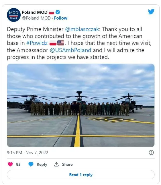 Việc mở rộng căn cứ là một phần của thỏa thuận tăng cường hợp tác quốc phòng năm 2020 giữa Mỹ và Ba Lan. Ảnh: TWITTER