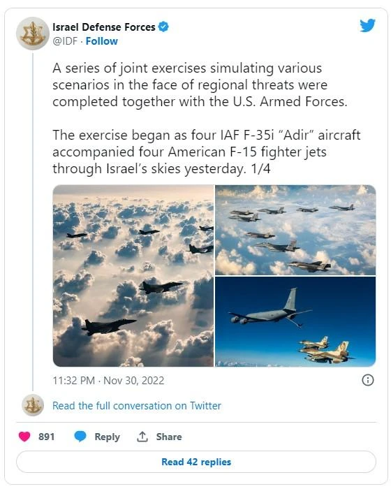 Lực lượng Phòng vệ Israel (IDF) thông báo về cuộc tập trận chung với Không quân Mỹ. Ảnh: TWITTER
