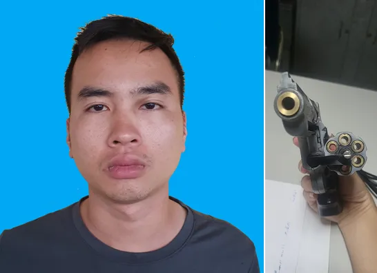 Nguyễn Hữu Thắng và khẩu súng thu giữ được. Ảnh: CAHP nguyen-huu-thang.png