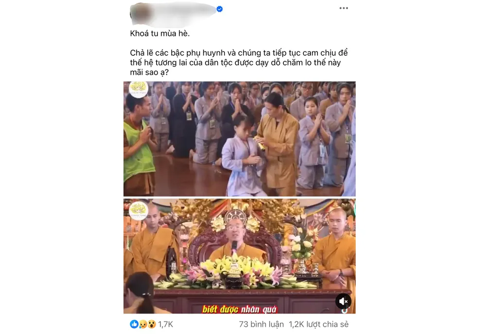 Nhiều bài viết trên mạng xã hội phản đối những nội dung được cho là ở khoá tu mùa hè tại chùa Ba Vàng. Ảnh chụp màn hình Nhiều bài viết trên mạng xã hội phản đối những nội dung được cho là ở khoá tu mùa hè tại chùa Ba Vàng. Ảnh chụp màn hình