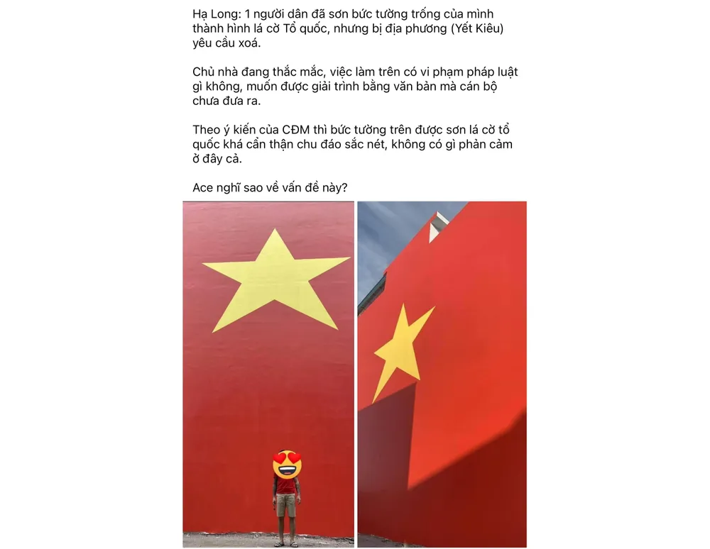 Bài viết phản ánh trên mạng xã hội về việc sơn lá cờ Tổ quốc lên tường nhà... Bài viết phản ánh trên mạng xã hội về việc sơn lá cờ Tổ quốc lên tường nhà nhưng bị chính quyền yêu cầu xóa đi