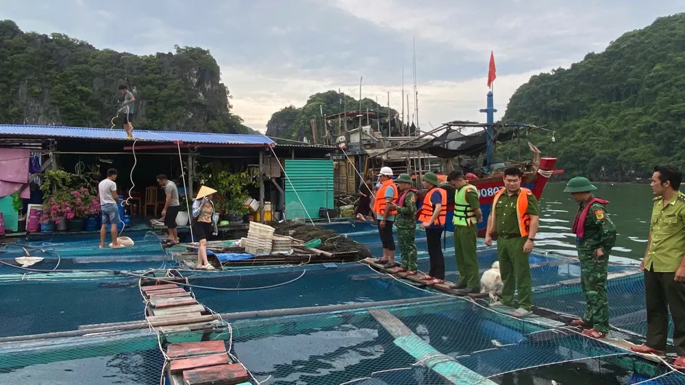 Lực lượng chức năng tuyên truyền cho người dân trên các cơ sở bè nuôi trồng và dịch vụ thủy sản lên bờ, về nơi tránh trú an toàn trước cơn bão số 3. Ảnh: XUÂN THỦY cac-huyen-dao-hoi-ha-phong-chong-sieu-bao-so-3-5.jpg