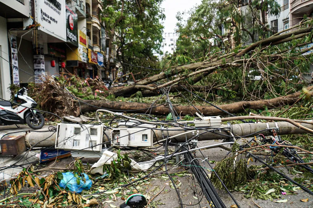 Qua khảo sát bằng mắt thường của PLO, ít nhất 50% cây xanh trên các tuyến phố tại Hải Phòng đều bị gãy, đổ. Nhiều cột điện cũng gãy đổ bởi sức mạnh quá lớn khi bão số 3 quét qua. Ảnh: NGỌC SƠN