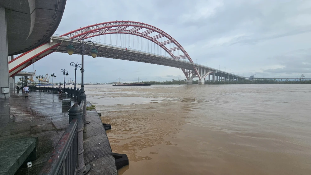 Mực nước trên sông Cấm được ghi nhận sáng nay, 11-9. Hải Phòng đã có cảnh báo rủi ro thiên tai do lũ ở cấp 2. Ảnh: HL