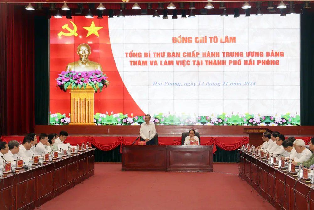 Tổng Bí thư Tô Lâm làm việc với Ban chấp hành Đảng bộ TP Hải Phòng chiều 14-11. Ảnh: HT