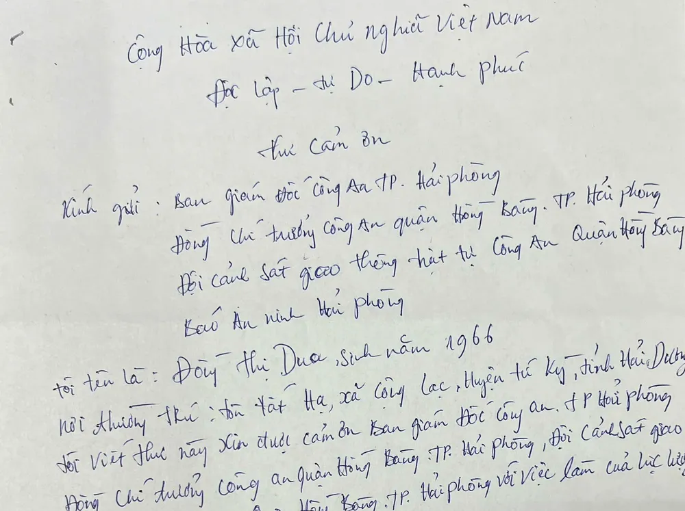 Thư cảm ơn của bà Dua gửi công an Hải Phòng về việc được nhận lại xe máy bị trộm