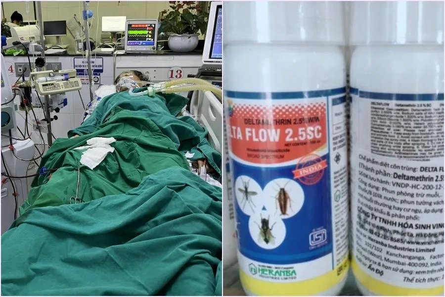 Bệnh nhân khi đang được điều trị tại BV (trái) và vỏ chai thuốc diệt muỗi do người nhà mang theo khi đưa bệnh nhân vào BV cấp cứu (phải). Ảnh: BV