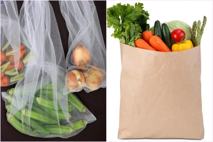 Túi giấy có đục lỗ giúp bảo quản rau, củ, quả lâu hơn so với để trong túi nilon. Ảnh: NL Túi giấy có đục lỗ giúp bảo quản rau, củ, quả lâu hơn so với để trong túi nilon. Ảnh: NL