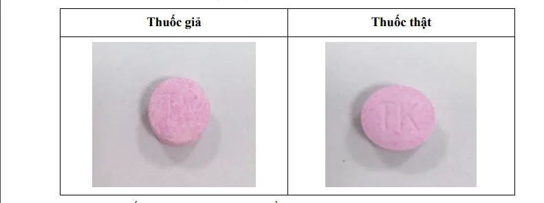 Viên thuốc: nét khắc chữ &quot;TK&quot; trên viên thuốc giả không sắc nét; màu sắc trên viên thuốc giả không đồng nhất.