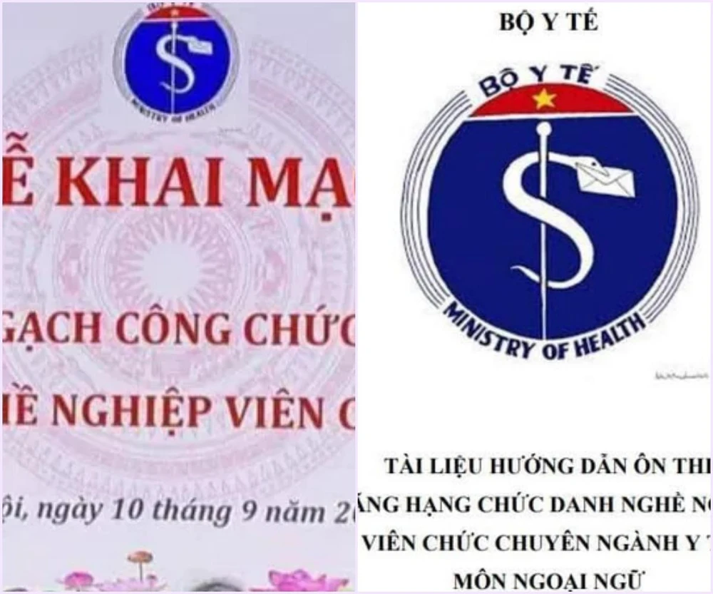 Không chỉ sai logo ở phông khai mạc mà ở trang bìa tài liệu hướng dẫn ôn thi môn ngoại ngữ của Bộ Y tế.