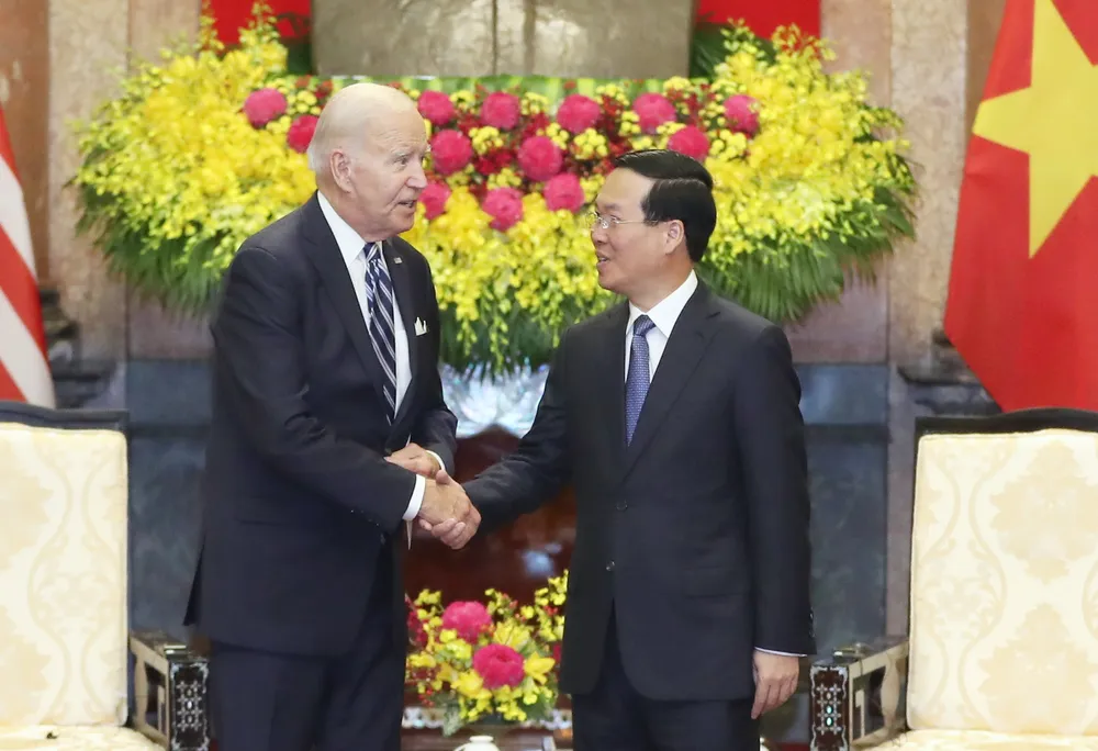 Chủ tịch nước Võ Văn Thưởng tiếp Tổng thống Mỹ Joe Biden. Dịp này, Tổng thống Joe Biden lẩy hai câu trong kiệt tác Truyện Kiều. Ảnh: VGP Chủ tịch nước Võ Văn Thưởng tiếp Tổng thống Mỹ Joe Biden. Dịp này, Tổng thống Joe Biden lẩy hai câu trong kiệt tác Truyện Kiều. Ảnh: VGP