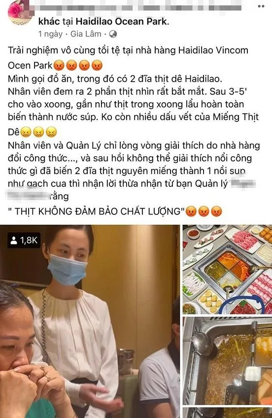 Bài đăng của người tiêu dùng tố thịt dê nhà hàng Haidilao bị tan thành nước sau vài phút cho vào nước lẩu. ẢNH: Chụp màn hình