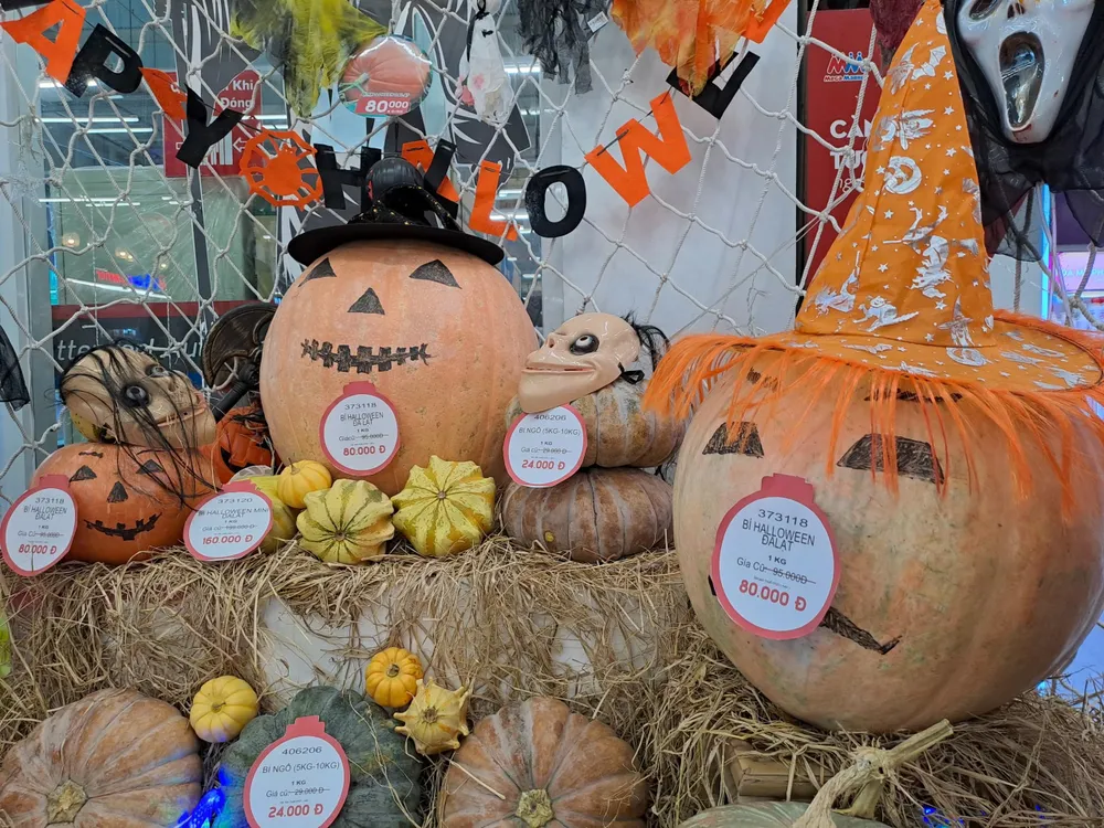 Bí ngô khổng lồ đang được giảm giá. Ảnh: THU HÀ Bí ngô khổng lồ đang được giảm giá. Ảnh: THU HÀ