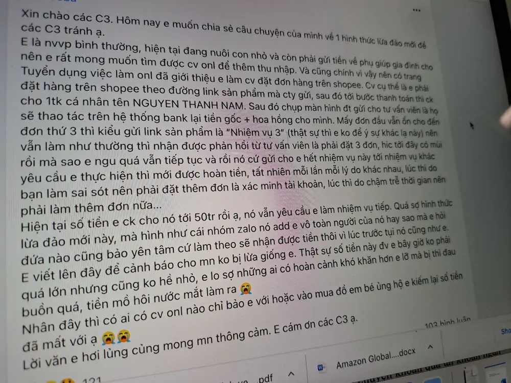 Bài đăng của chị H. về việc bản thân bị các đối tượng xấu lừa đảo tuyển dụng việc làm