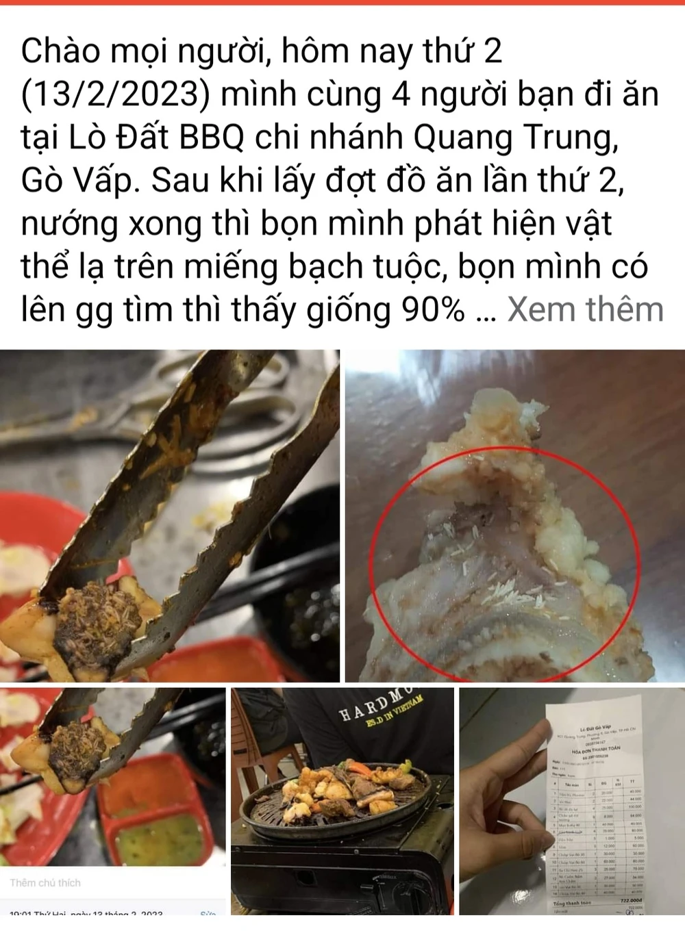 Bài viết tố món ăn có chứa vật thể lạ giống dòi. Ảnh: chụp màn hình