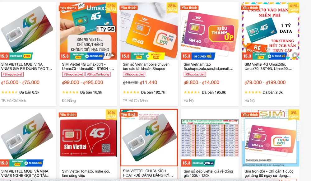 Dễ dàng mua sim kích hoạt sẵn, chưa kích hoạt, sim dùng một lần... trên sàn thương mại điện tử. Ảnh: Thu Hà